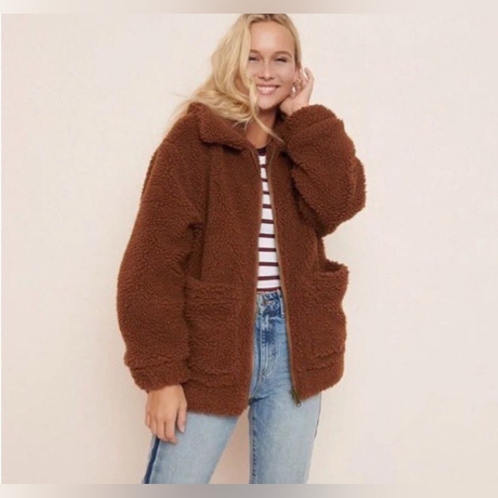 Elodie Brown Mocha Teddy Bear Sweater Jacket Faux Sherpa Shearling Chunky Fall